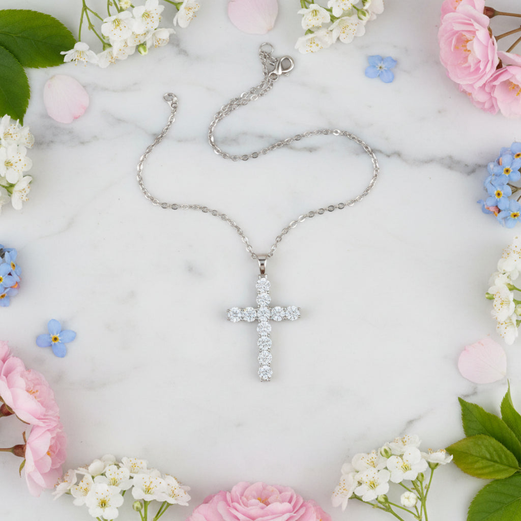 French Holy Cross Design 1 Carat Moissanite Diamond Pendent set in Platinum Plated 925 Silver