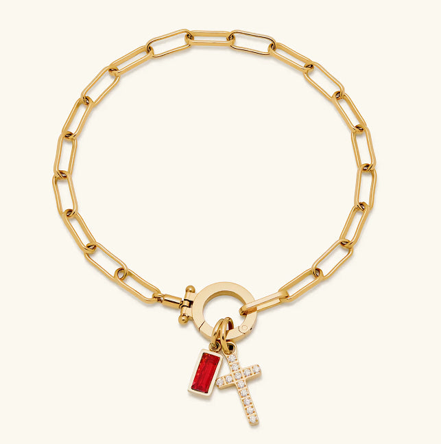 Holy Christian Cross Birth Stone Natural Zircon Gemstone Charm Bracelet set in 18K Gold Plating Capella Jewellery