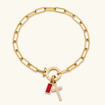 Holy Christian Cross Birth Stone Natural Zircon Gemstone Charm Bracelet set in 18K Gold Plating Capella Jewellery