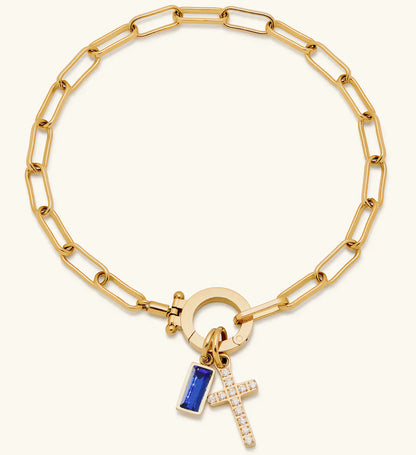 Holy Christian Cross Birth Stone Natural Zircon Gemstone Charm Bracelet set in 18K Gold Plating Capella Jewellery