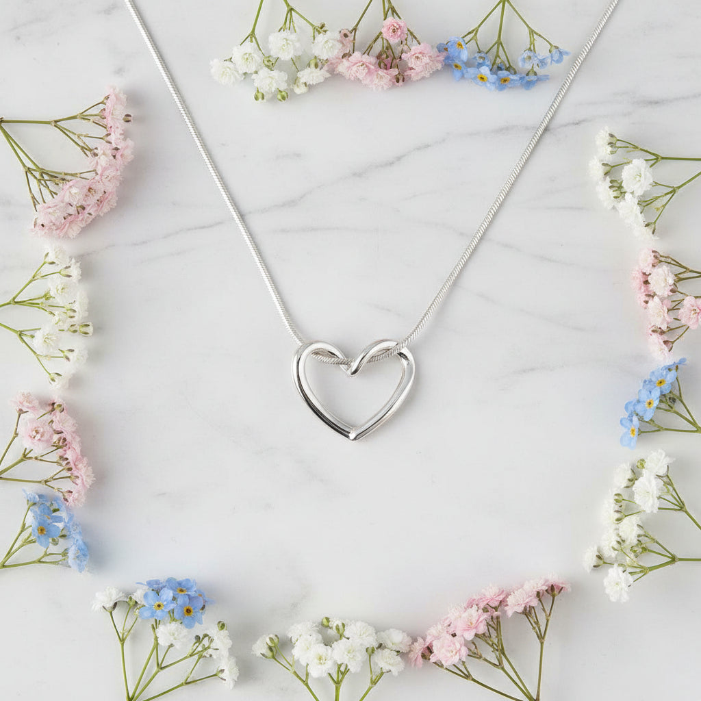 European Silver Heart Design Necklace Set in 18K White Gold plated 925 Sterling Silver