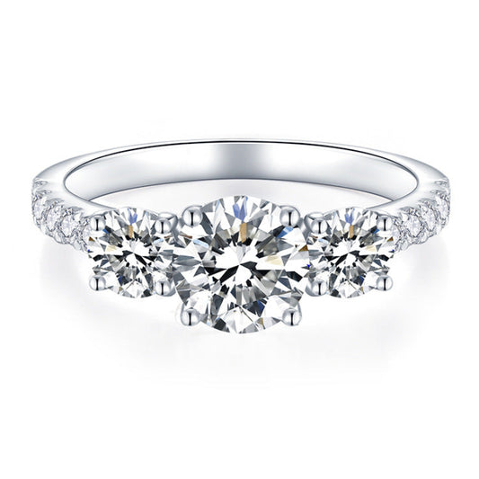 French Three Stone Micro Pavé Sides 1.8 Carat Moissanite Diamond Ring set in Platinum Plated 925 Silver (GRA)