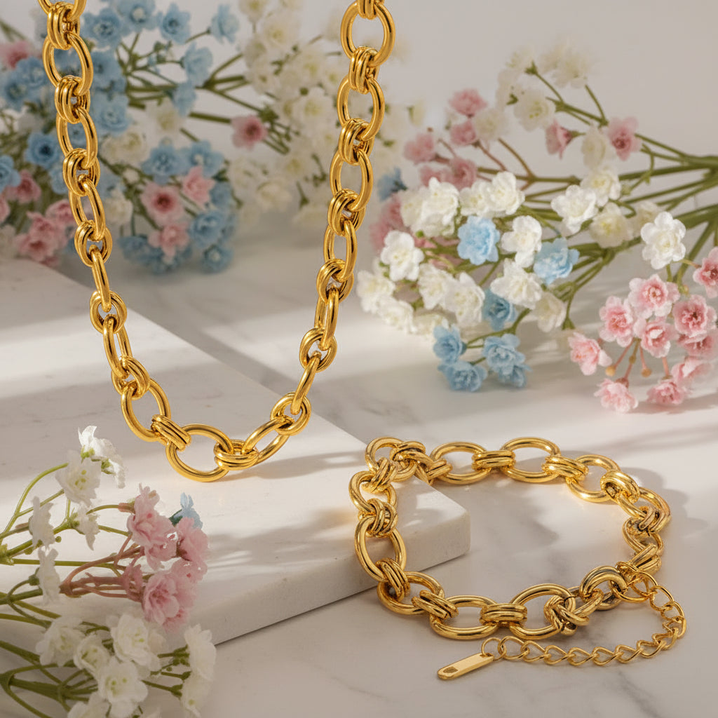 Modern European Geometric Chain INS-Style Necklace and Bracelet set in 18K Gold Plating Capella Jewellery