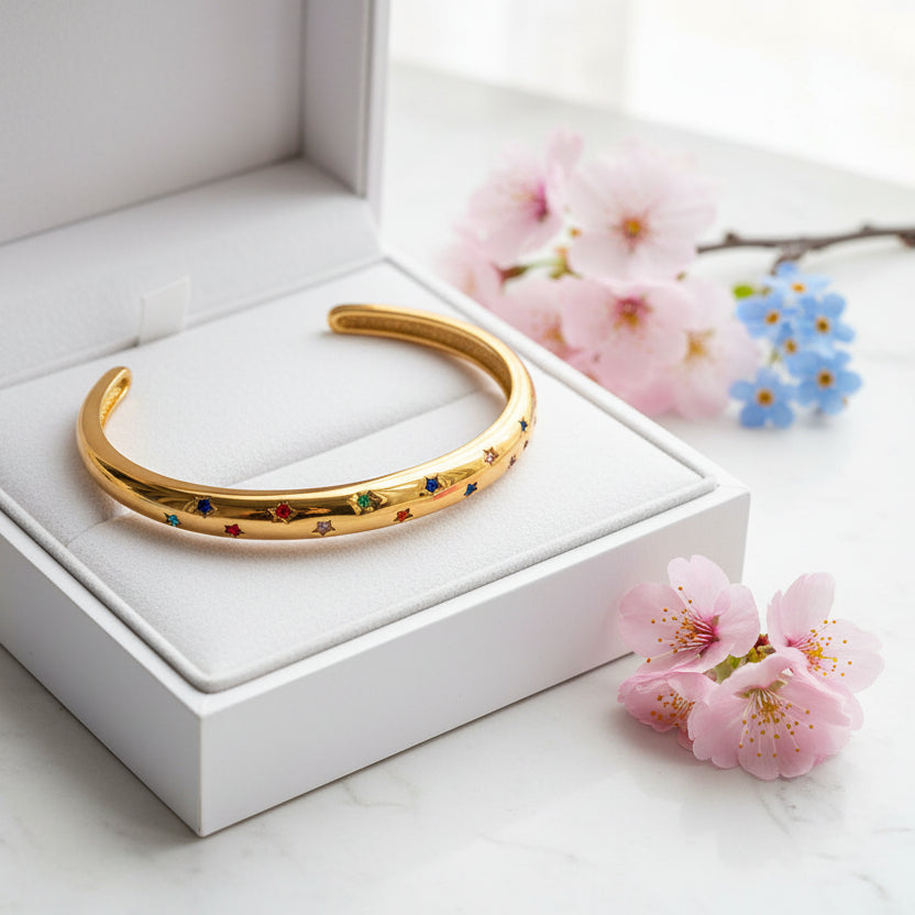 Geometry Inspired Star Pattern Natural Zircon Gemstones Bracelet set in 18K Gold Plating