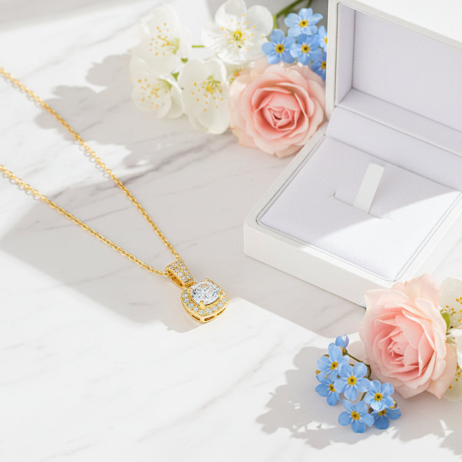 Japanese Micro Inlay 1 Carat Moissanite Diamond Necklace set in 14K Gold Plated 925 Silver (GRA)