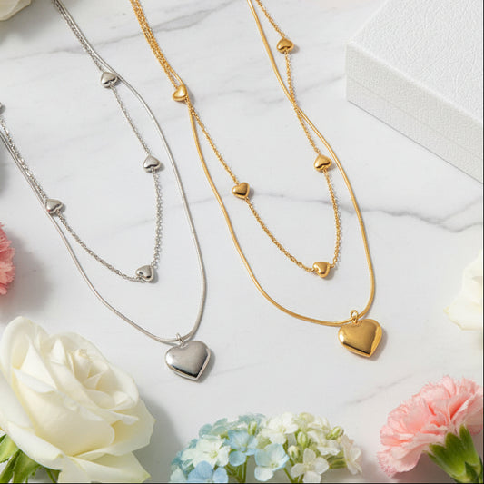 Romantic French Vintage Love Heart Double-Layer Collarbone Necklace set in 18K Gold Plating