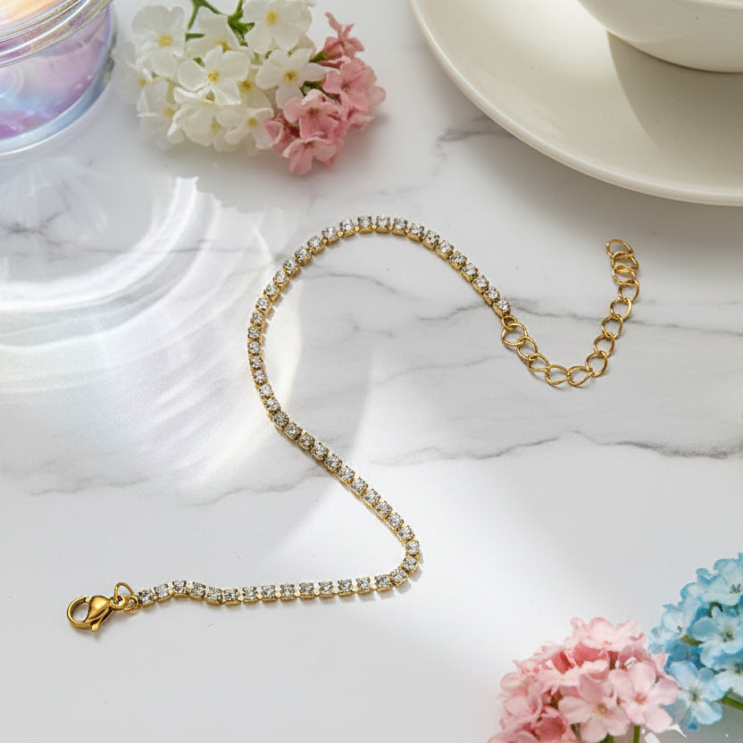 Classic Pave Inlay Full (3mm) Natural Zircon Crystal Tennis Bracelet Set in 18K Gold Plating
