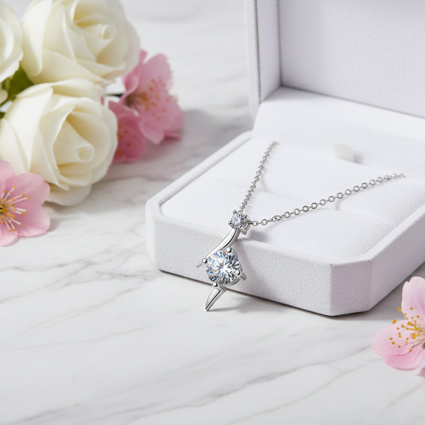 Lightning Strike 1 Carat Moissanite Diamond Necklace set in Platinum plated 925 Silver (GRA)