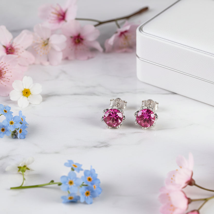 Pink Royal Crown 6mm Topaz Stone Earrings set in 18K White Gold Plated 925 Sterling Silver