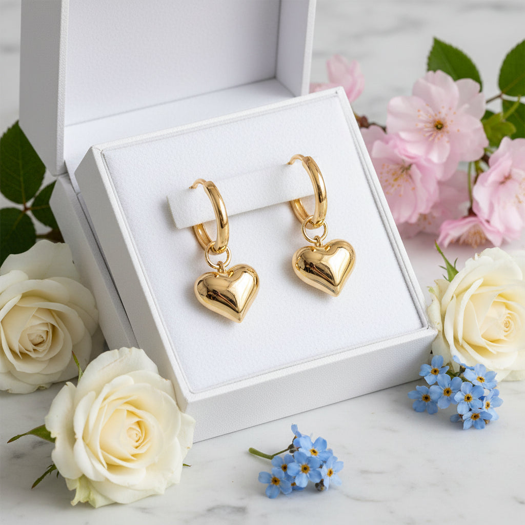 Simple French Design Love Heart Pendant Earrings set in 18K Gold Plated 316L Stainless Steel
