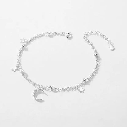 Moon & Stars Micro Natural Zircon Gemstone Twin Layer Bracelet set in Platinum Plated 925 Sterling Silver Capella Jewellery