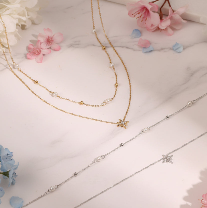 Six-Pointed Star or Heart Double-layer Pearl Necklace and Bracelet set in 18K Gold Plating Capella Jewellery