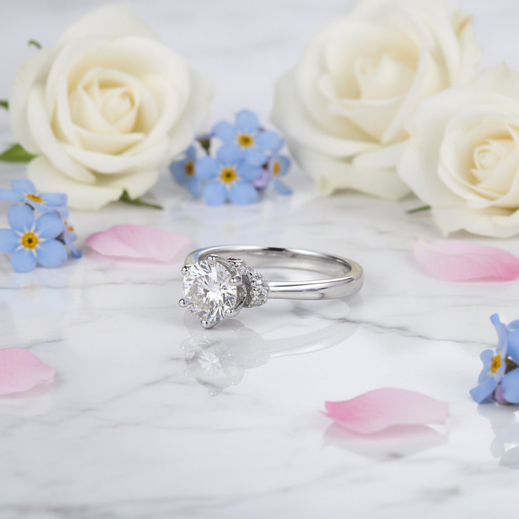 Modern Six-Claw Solitaire 1 Carat Moissanite Diamond Ring set in 18K White Gold 925 Silver (GRA)