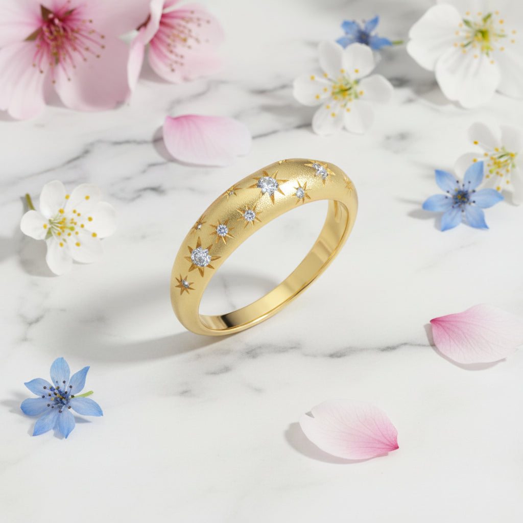 European Starlit Sky Micro Inlaid Natural Zircon Gemstone Ring set in 18K Gold Plated 925 Silver