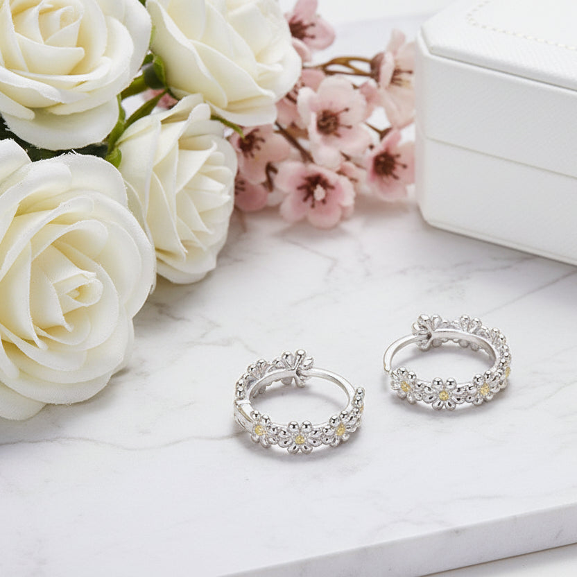 Little Daisy Sunshine Charm Earrings set in Platinum Plated 925 Pure Sterling Silver