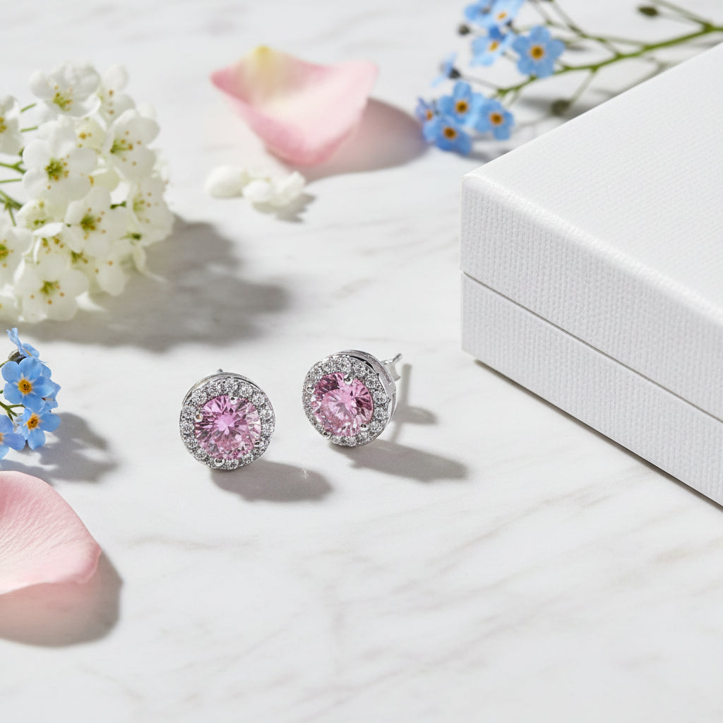 French Pink Halo Center Stones 2 Carat Moissanite Diamond Earrings set in 925 Silver (GRA)