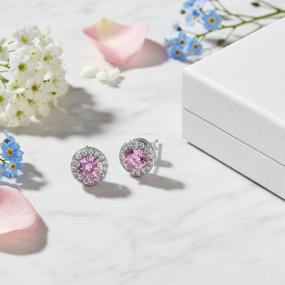 French Pink/White Halo Centre 2 Carat Moissanite Earrings set in Platinum Plated 925 Silver (GRA) Capella Reya front image