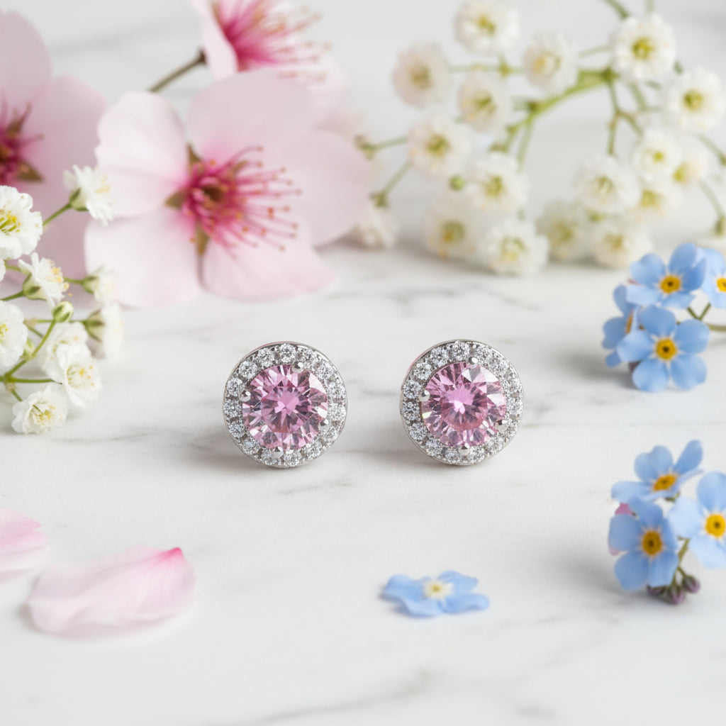 French Pink Halo Center Stones 2 Carat Moissanite Diamond Earrings set in 925 Silver (GRA)
