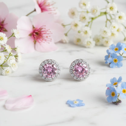 French Pink/White Halo Centre 2 Carat Moissanite Earrings set in Platinum Plated 925 Silver (GRA) Capella Reya front close pink image
