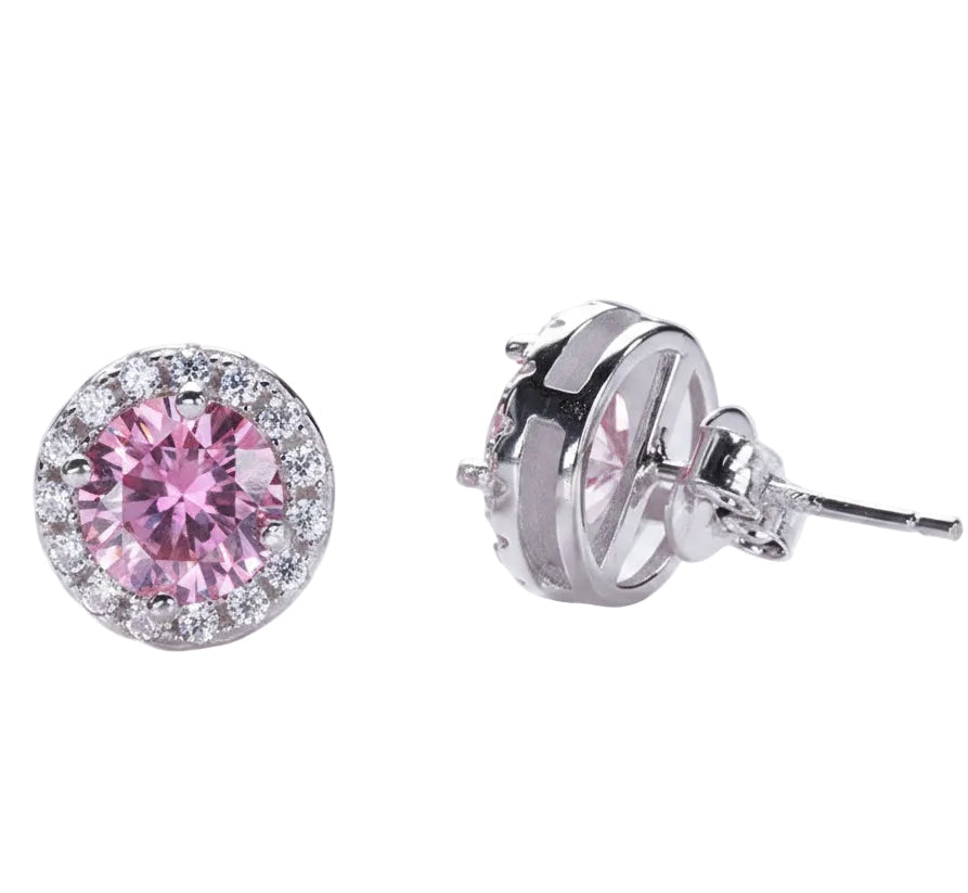 French Pink Halo Center Stones 2 Carat Moissanite Diamond Earrings set in 925 Silver (GRA)