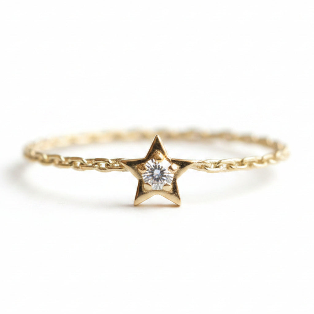 Exquisite Five-Pointed Star Ring 0.02 Carat True Mined Diamond set in Pure 18K Solid Gold (GRA)