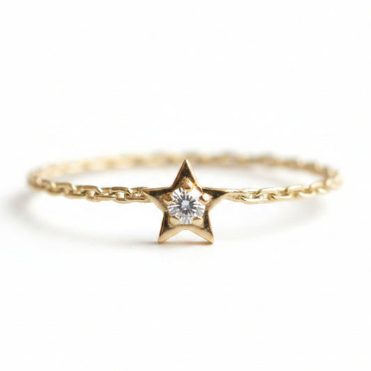 Pure Gold French Five-Pointed Celestial Star 0.02 Carat Genuine Mined Diamond Ring set in 18K Solid Gold (GRA)