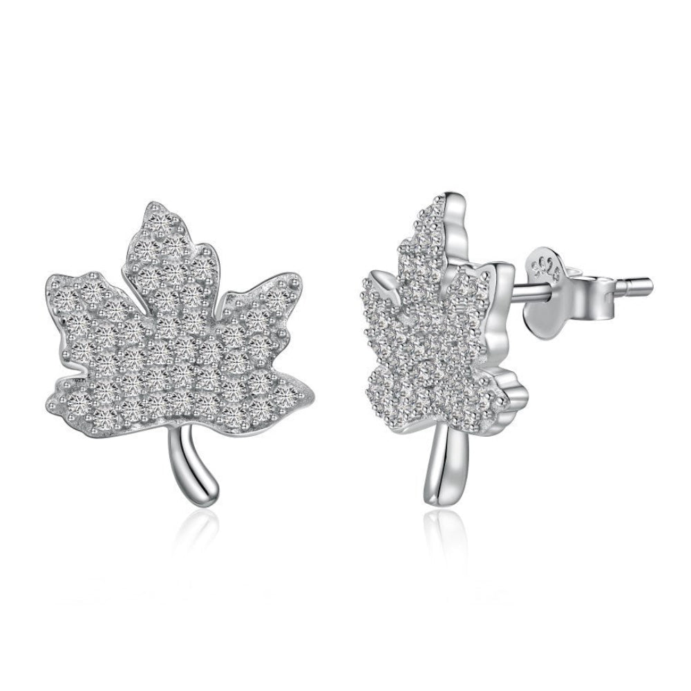 French Maple Leaf Design Micro Inlaid Natural Zircon Gemstone Earrings set in 925 Silver