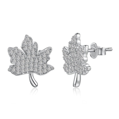 French Maple Leaf Micro Inlaid Natural Zircon Gemstone Earrings set in 18K White Gold Plated 925 Silver Capella Jewellery