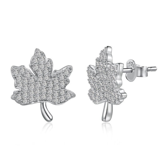 French Maple Leaf Micro Inlaid Natural Zircon Gemstone Earrings set in 18K White Gold Plated 925 Silver