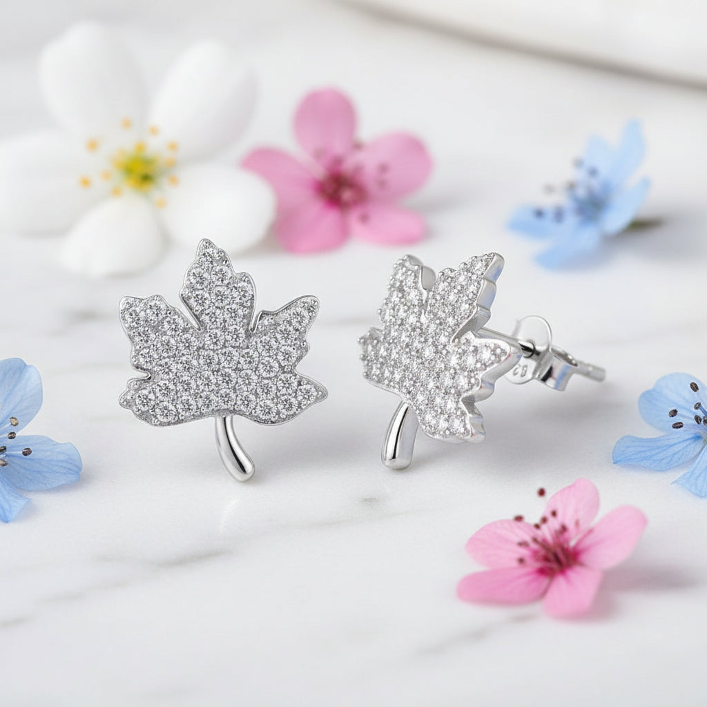 French Maple Leaf Design Micro Inlaid Natural Zircon Gemstone Earrings set in 925 Silver