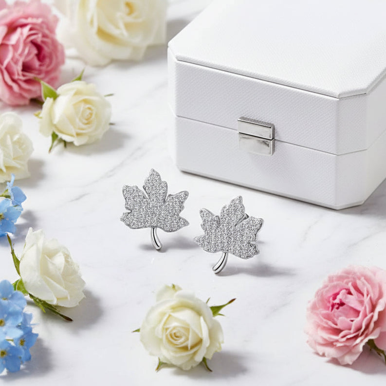 French Maple Leaf Design Micro Inlaid Natural Zircon Gemstone Earrings set in 925 Silver