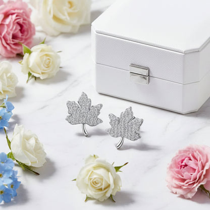 French Maple Leaf Micro Inlaid Natural Zircon Gemstone Earrings set in 18K White Gold Plated 925 Silver Capella Jewellery