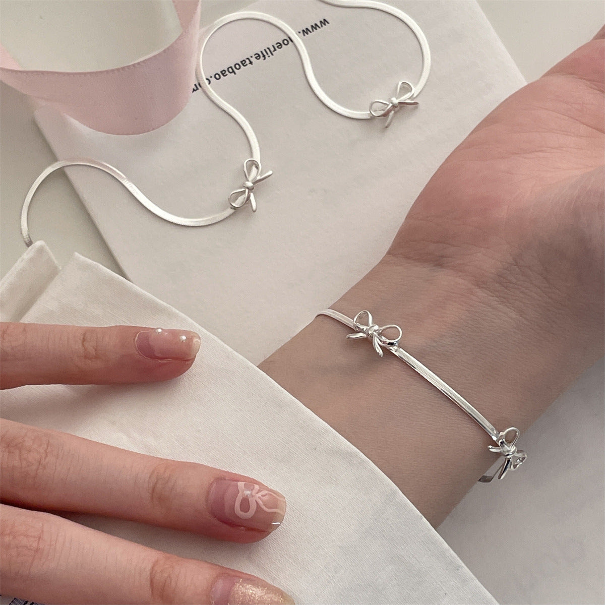 Classic Snake Bone Three Bow Bracelet set in Premium 925 Sterling Silver