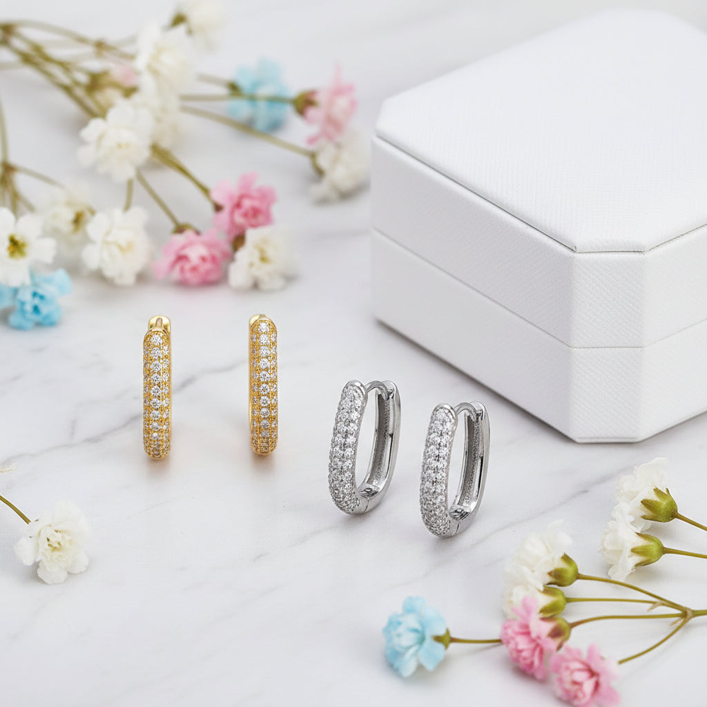 French Hoop Design Micro-Pavé Natural Zircon Gemstone Earrings set in 925 Sterling Silver