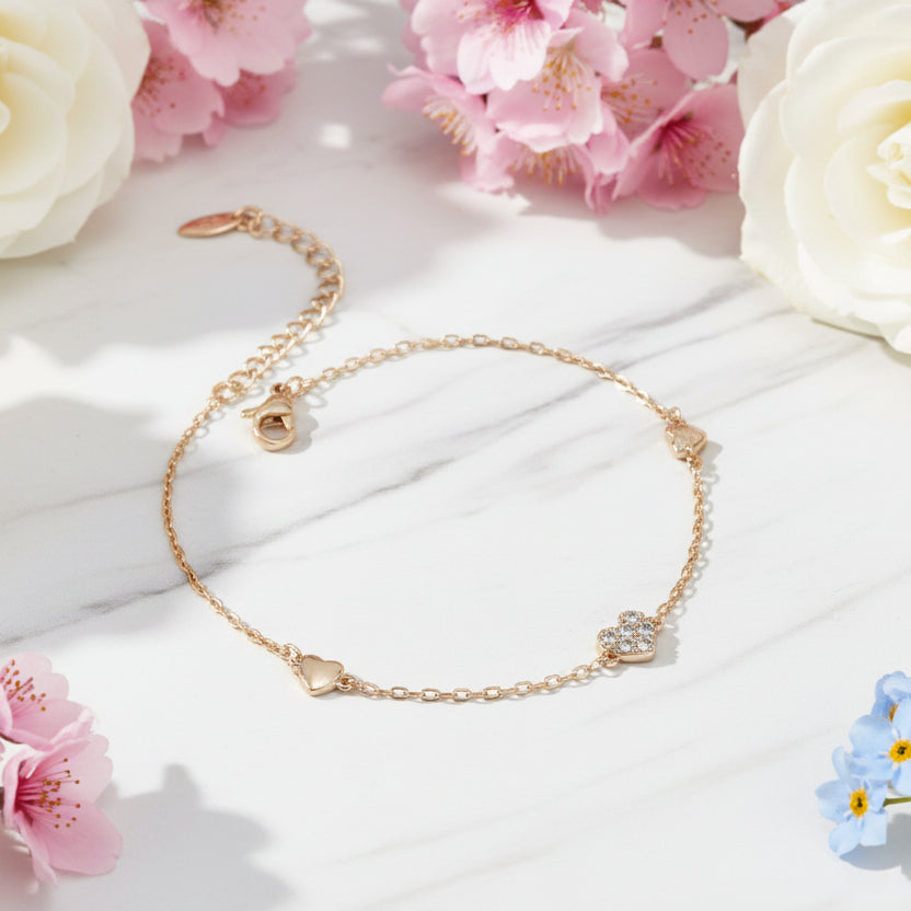 Delicate Heart Shaped Natural Zircon Gemstone Bracelet set in 18K Gold Plating