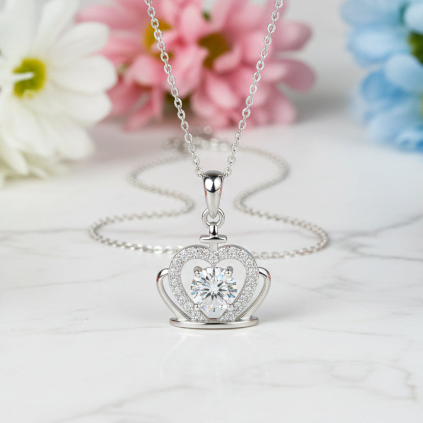 Royal Heart Crown 1 Carat Moissanite Diamond Necklace set in Platinum Plated 925 Silver (GRA)