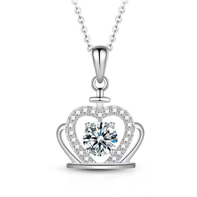 Royal Heart Crown 1 Carat Moissanite Diamond Necklace set in Platinum Plated 925 Silver (GRA)