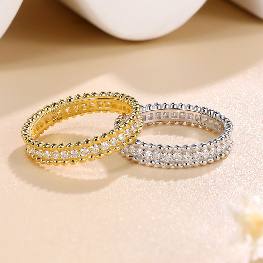 Italian Bead Edge Ring Pave 0.7 Carat Moissanite Diamond set in Platinum Plated 925 Silver (GRA)