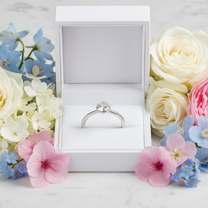 Classic French Round Design 1 Carat Moissanite Diamond Ring set in Platinum Plated 925 Silver (GRA)
