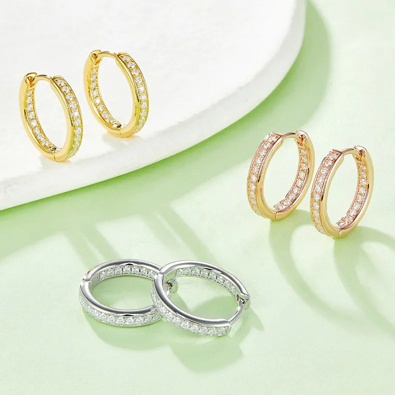 Linear Row European Inspired Hoop Micro Moissanite Earrings set in 18K Gold Plated 925 Silver Capella Reya all colours