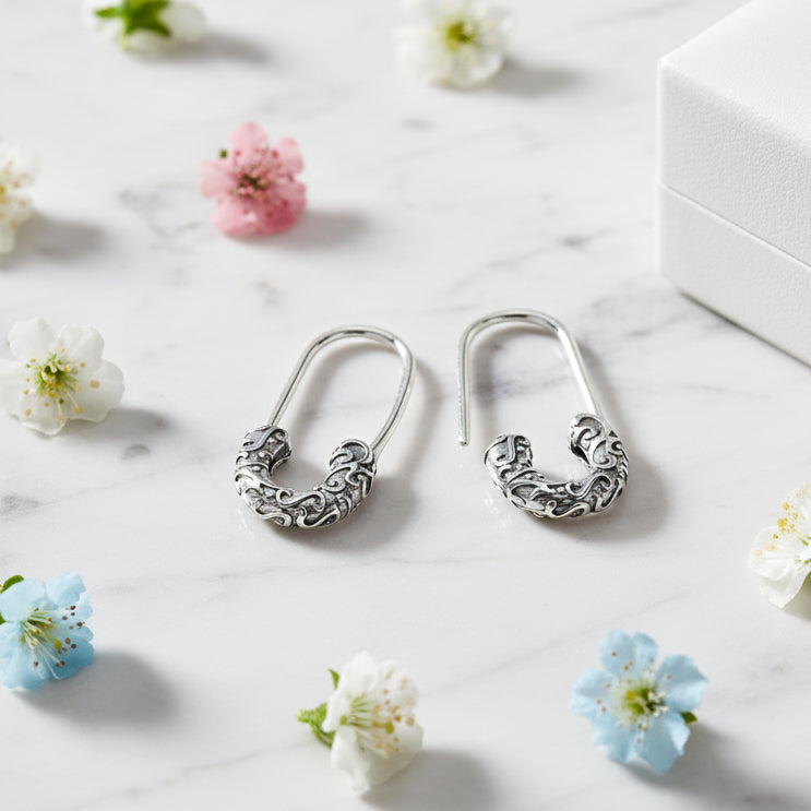 Rolling Grass British Pattern Design Safety Pin Style Earrings set in 925 Sterling Silver