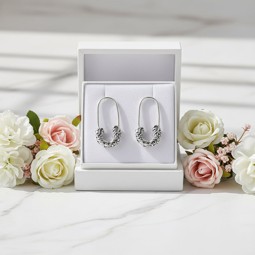 Rolling Grass British Pattern Design Safety Pin Style Earrings set in 925 Sterling Silver