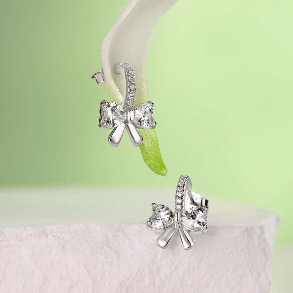 Bow Inspired Micro Inlaid Natural Zircon Gemstone Earrings set in Platinum Plated 925 Silver