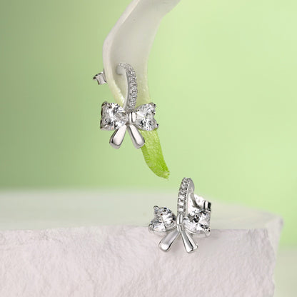 French Bow Inspired Pave Micro Inlaid Natural Zircon Gemstone Earrings set in Platinum Plated 925 Silver Capella Jewellery