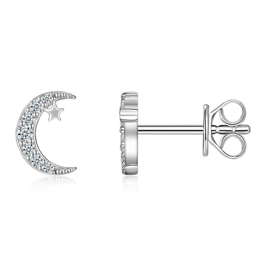 Moon & Saturn Micro Inlaid Moissanite Diamond Earrings set in 925 Sterling Silver (GRA)