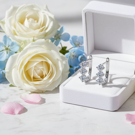 French Three Stones 0.6 Carat Moissanite Diamond Earrings set in 18K Gold Plated 925 Silver (GRA)
