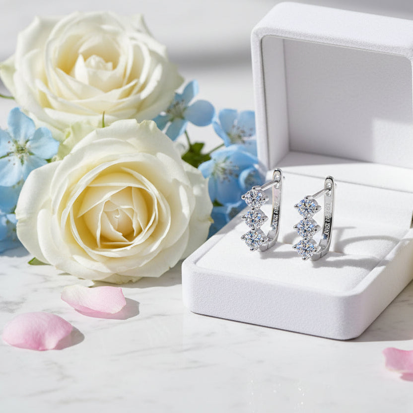 Three Stones 0.6 Carat Moissanite Diamond Earrings set in 18K Gold Plated 925 Silver (GRA)