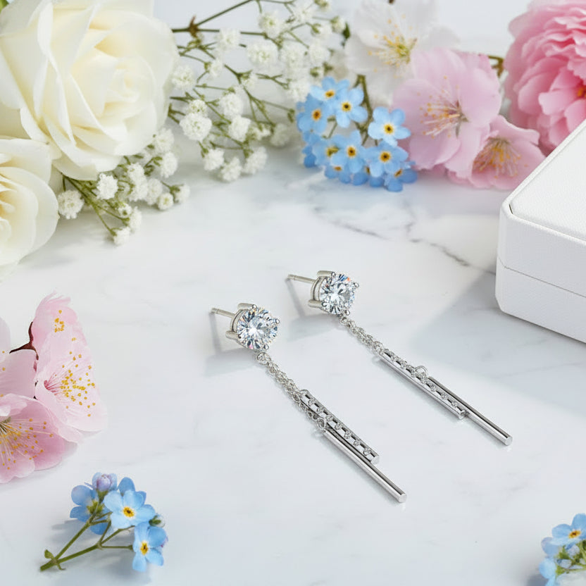 French Long Tassel Design 2 Carat Moissanite Diamond Earrings set in 925 Sterling Silver (GRA)