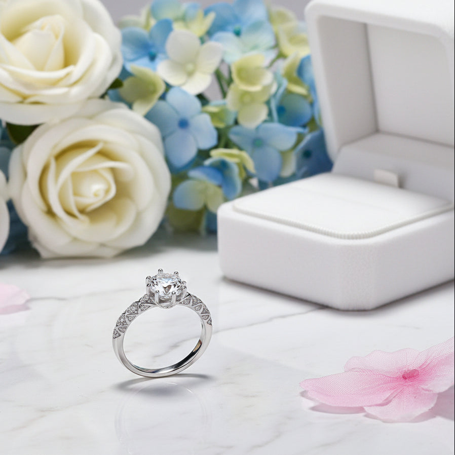 Japanese Solitaire 1 Carat Moissanite Diamond Ring set in 18K White Gold Plated 925 Silver (GRA)
