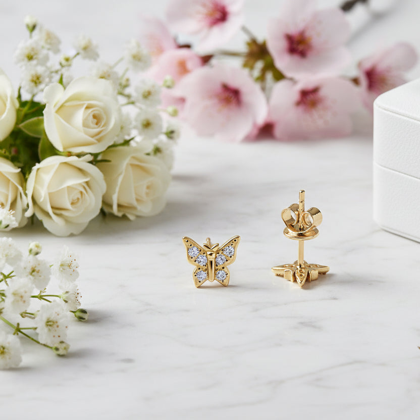 French Butterfly Design Moissanite Diamond Earrings set in Platinum Plated 925 Silver (GRA)